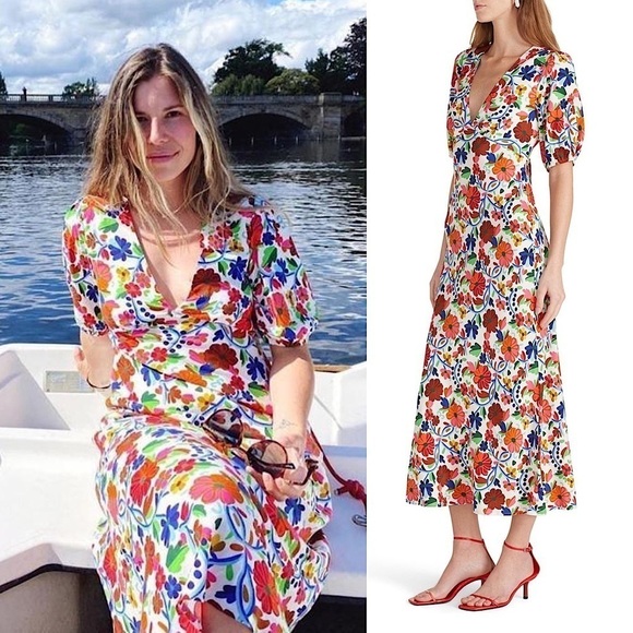 RIXO Floral Print Crepe Short Sleeve V-Neck Tied Cutout Open Back Midi Dress XS - Picture 5 of 16